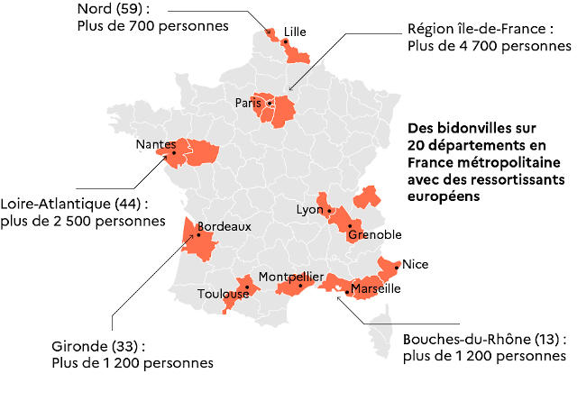 Carte de la répartition des bidonvilles en France métropolitaine
